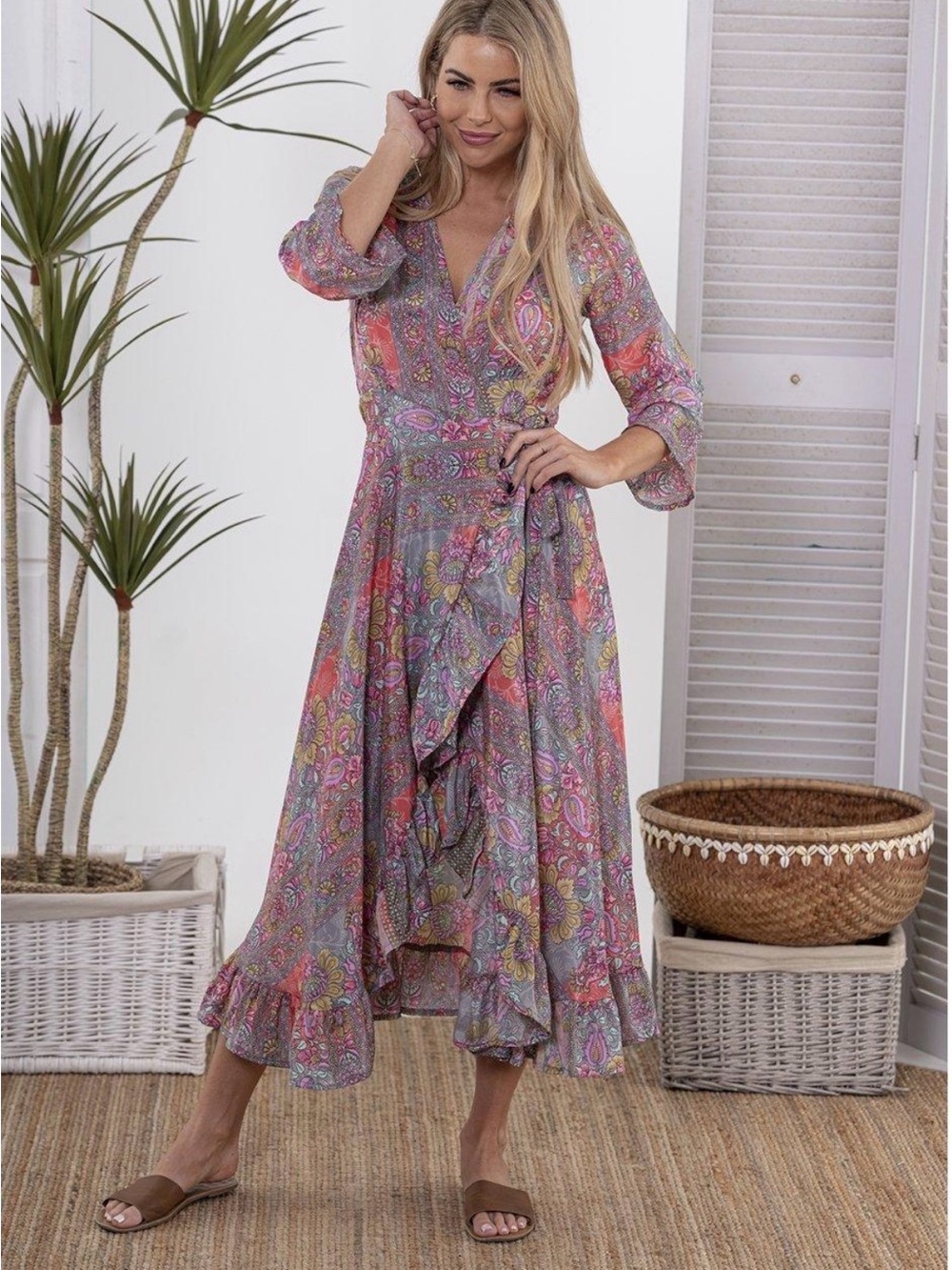 Floral Paisley Wrap Midi Dress - Pink & Gray